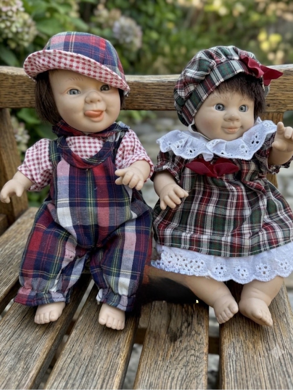 Beautiful Vintage Twin Dolls in Matching Plaid Outfits - 8”